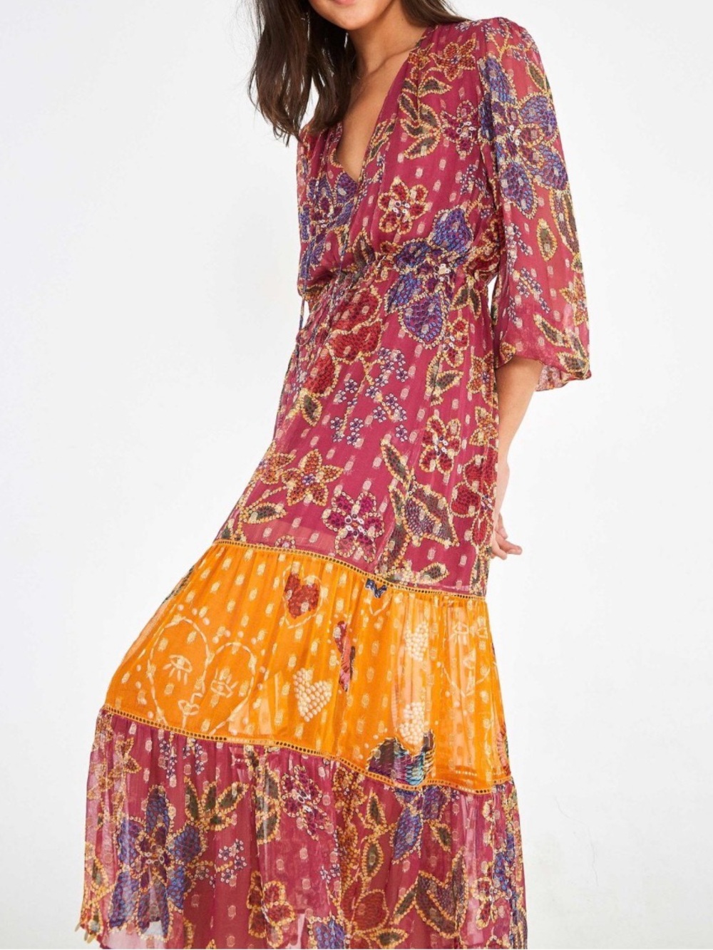 Farm Rio “floral sparkle” Metallic Lurex Boho Midi Dress Purple Gold Discs XL